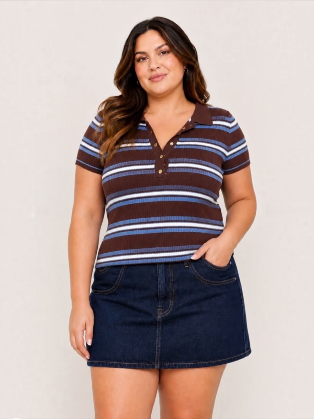Studio Striped Polo Knit Top in Brown and Blue Stripe Plus 1X, 2X, 3X